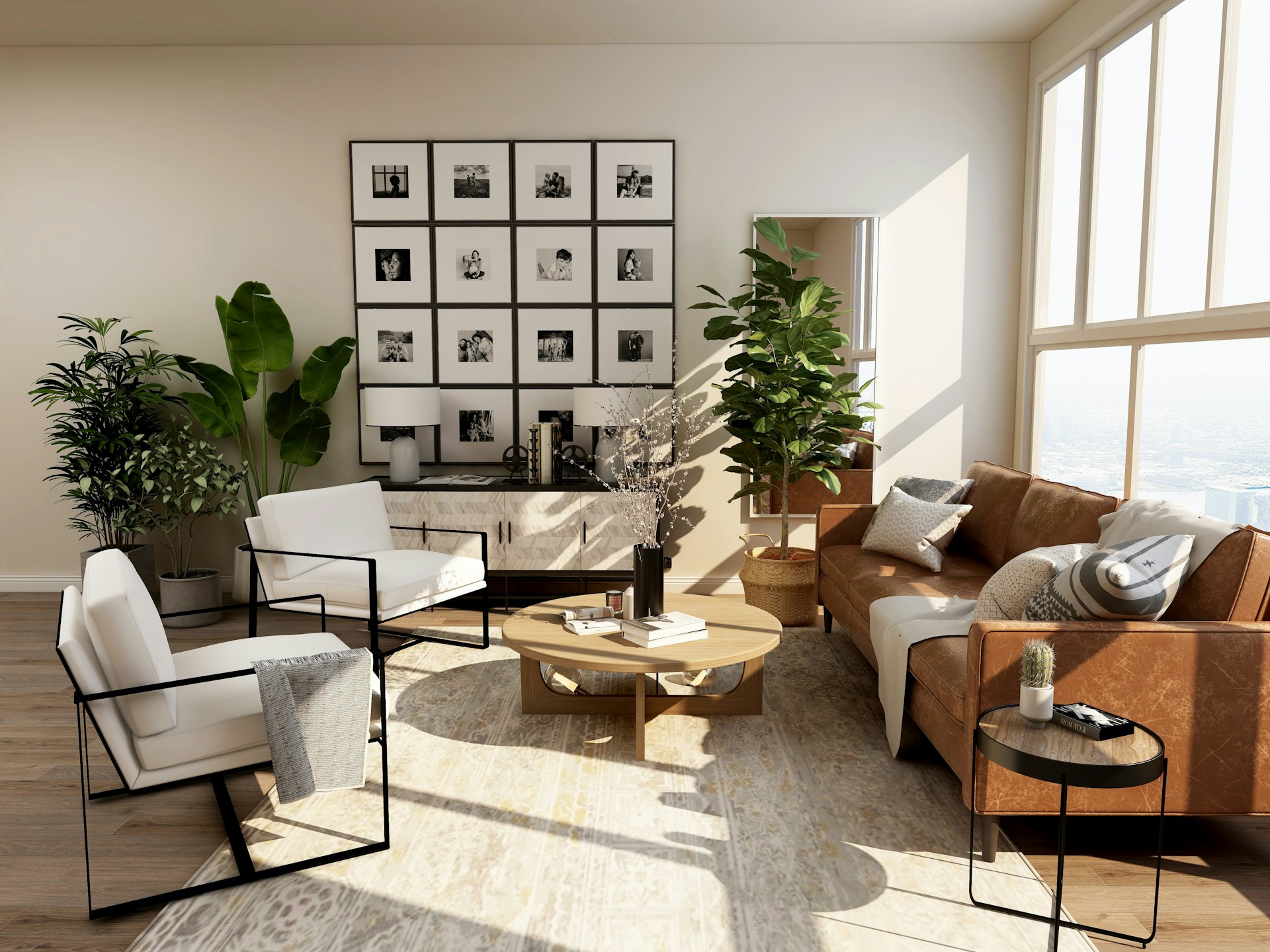Bright sample living room with natural timber and neutral furnishings